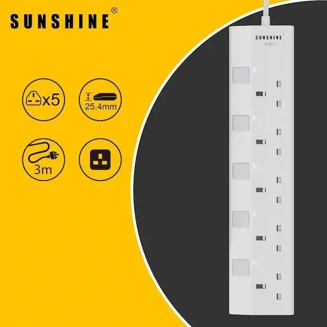 SUNSHINE ESD-5 13A 五位獨立開關安全拖板連LED指示燈(白色)(連3米線) 防雷拖板 | 電源插座 | 排插 | 排蘇