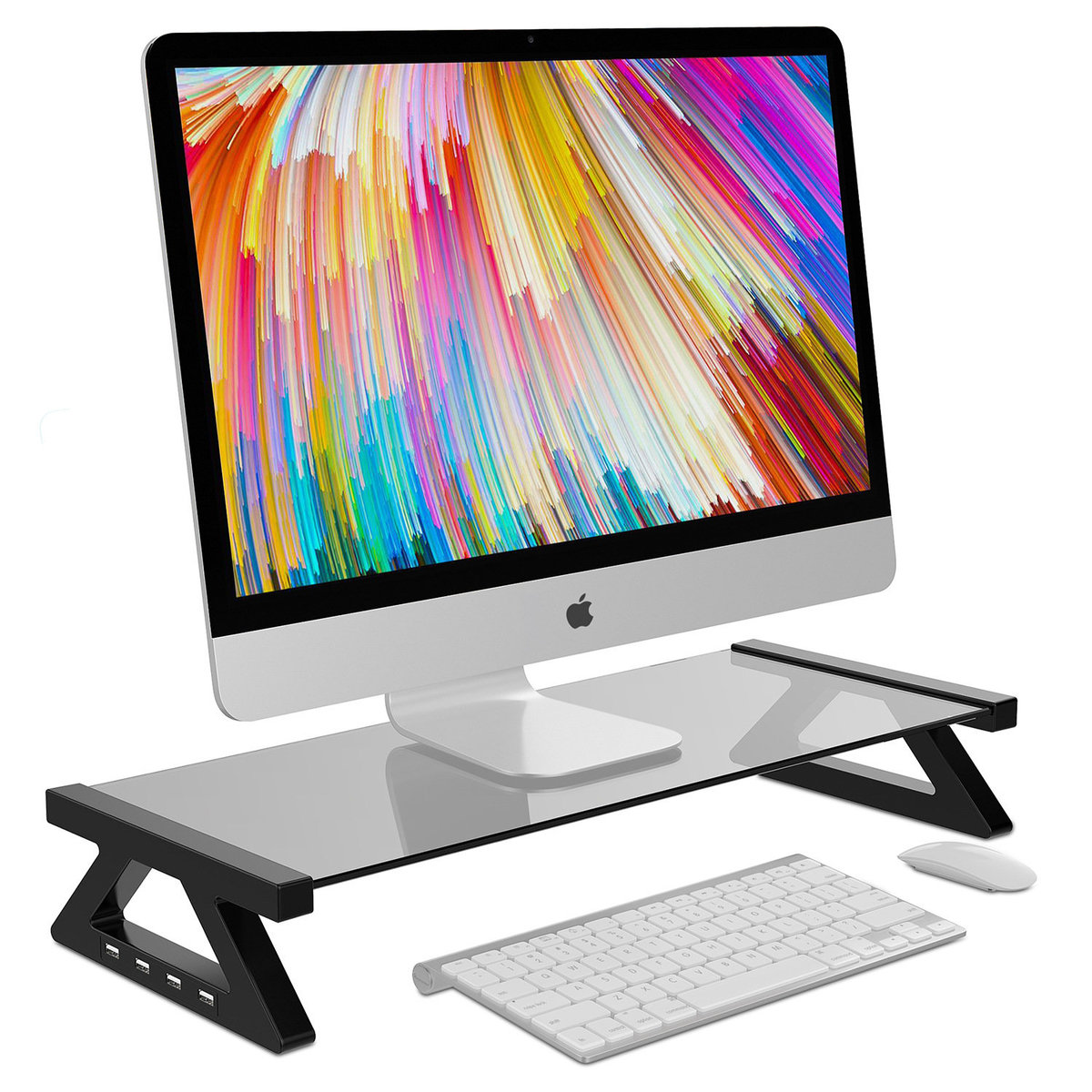 高質鋼化玻璃支架 [灰色玻璃] 連USB2.0集線器數據傳輸/叉電 , Glass Mon Stand 顯示器 / Mac 機架 / 玻璃多功能架