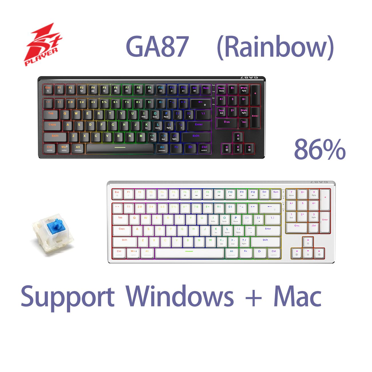 GASKET GA87 (白色-青軸)  86% 機械鍵盤 93鍵 混光版 支持 Windows / Mac