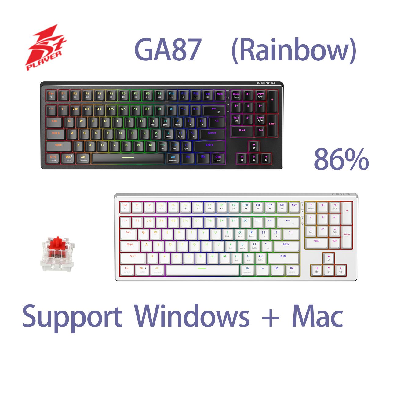 GASKET GA87 (白色-紅軸)  86% 機械鍵盤 93鍵 混光版 支持 Windows / Mac