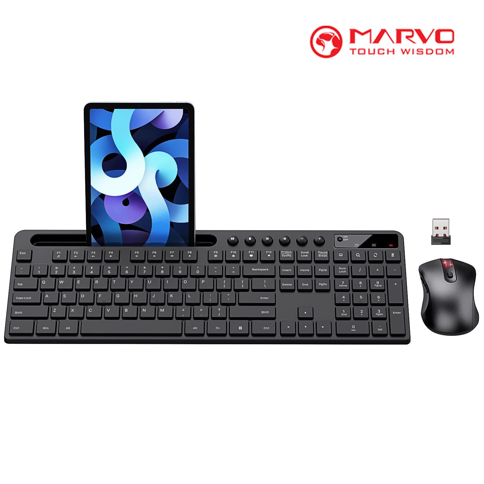 無線鍵盤和滑鼠組合,MARVO KC411W 2.4G 人體工學無線電腦鍵盤,附手機平板電腦支架,靜音滑鼠6鍵 相容於 MacBook,Windows (黑色)