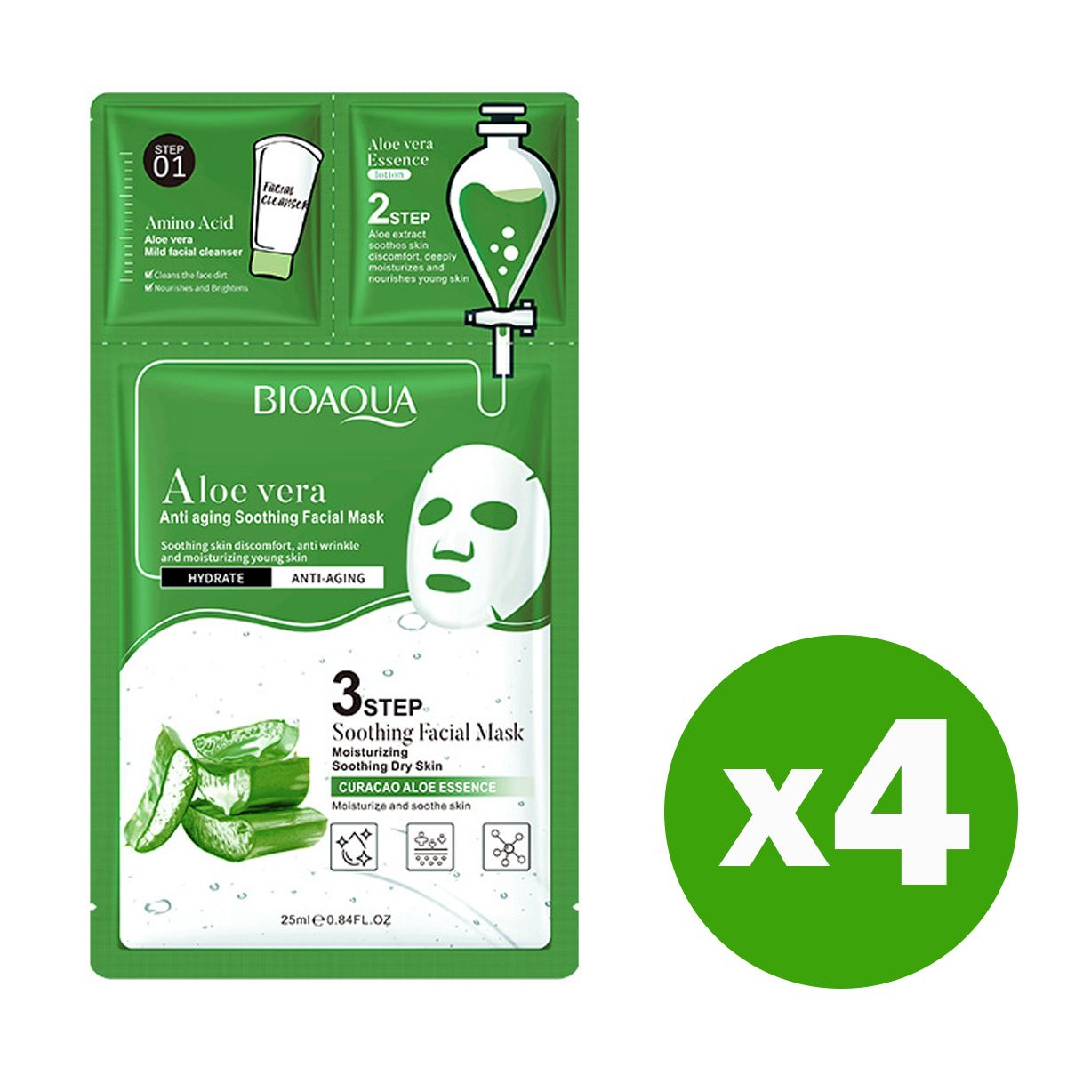 BIOAOUA 三部曲蘆薈保濕抗皺舒緩面膜 25ml *4片 補水/保濕/抗皺