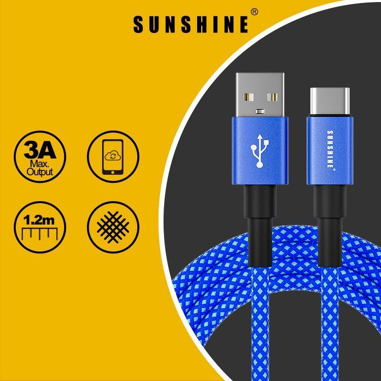 SUNSHINE CAC-12BL (449293)藍色1.2米長 3A充電線 USB 連接線 USB-A 轉 USB-C #高密度編織線