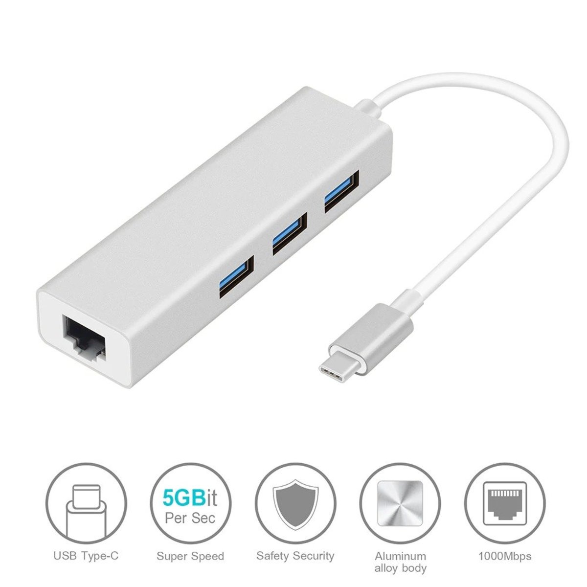 Gigabit Ethernet Rj45 Lan Adapter USB Type C to USB 3.0*3 HUB Network Card (Driver less)