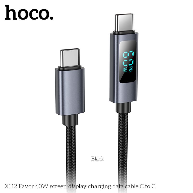 X112 3A 60W 1米 Type-C轉Type-C 炫彩螢幕顯示充電線-(黑色)