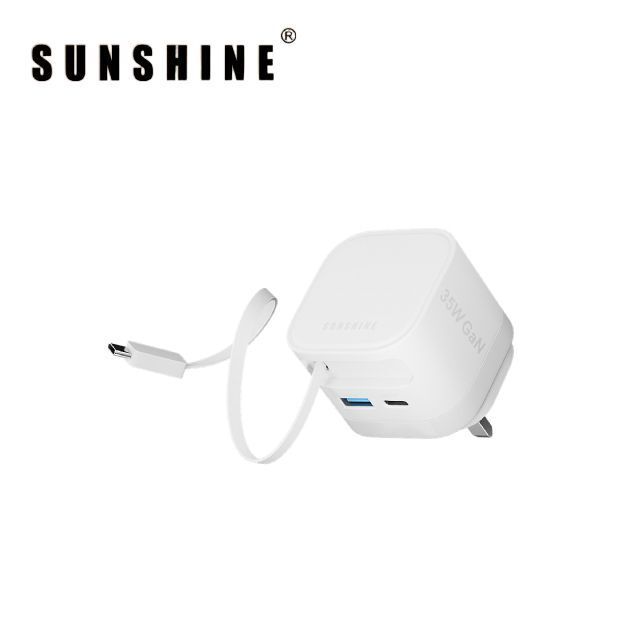 Sunshine MPF-35WH(450299) 2插口插牆式GaN氮化鎵快速充電器 伸縮USB-C充電線 35W (白色) 適用於iPhone 17