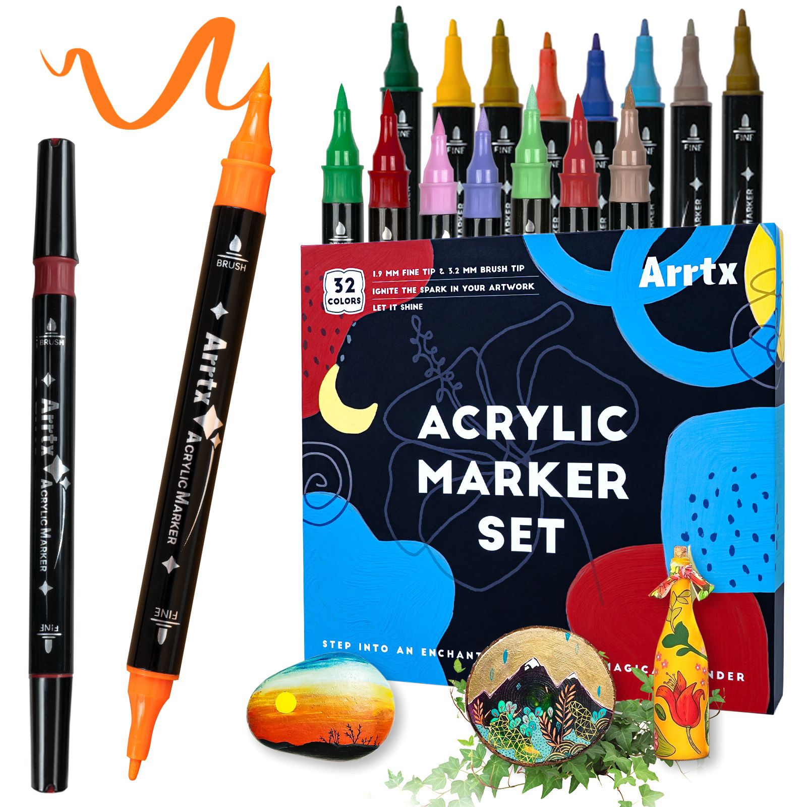 英國品牌 Arrtx 32 色雙頭亞克力油漆筆 - DIY 專用顏料 - 適用於 岩畫、木材、陶瓷、織物、玻璃、帆布、塑膠、金屬、石材和 DIY 工藝品